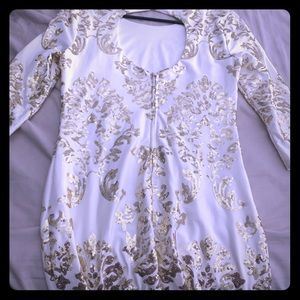 Macy’s white with gold sequencing dress